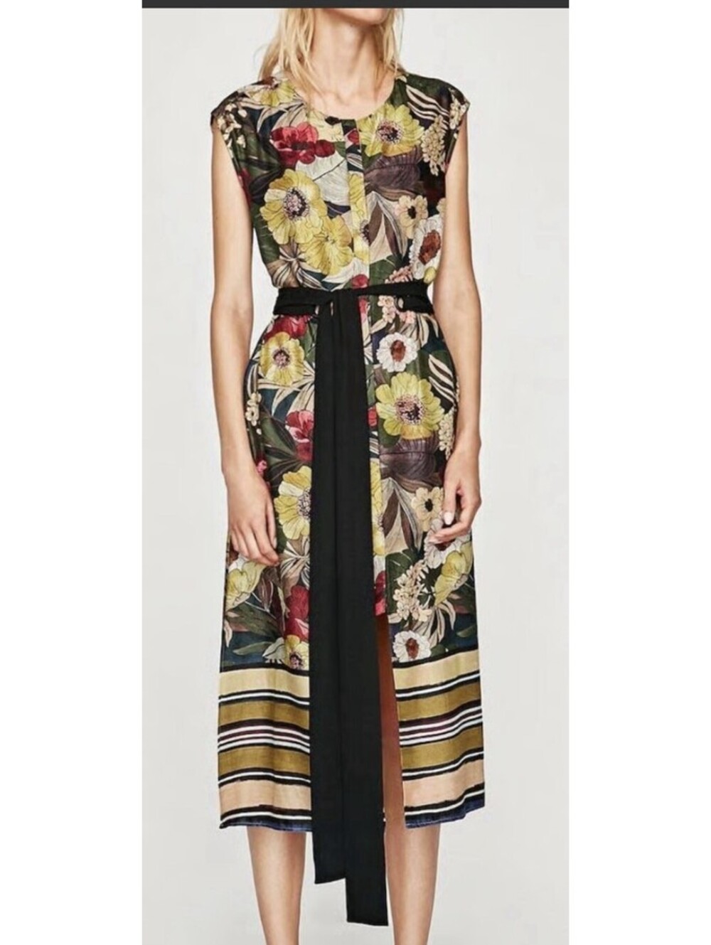 Women’s Floral Midi Dress Mixed Botanical Print Black Sash Tie